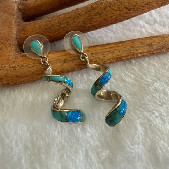 Vintage Sterling Silver Turquoise Blue Opal Spiral Drop Earrings Native American - Picture 1 of 11